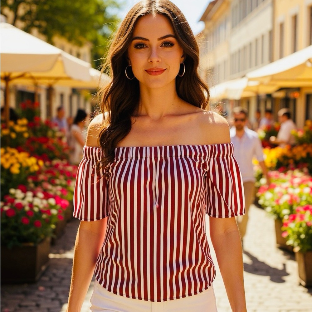 H&M Women’s Red and White Striped Silk Cold Shoulder Top - Size Small, NWOT